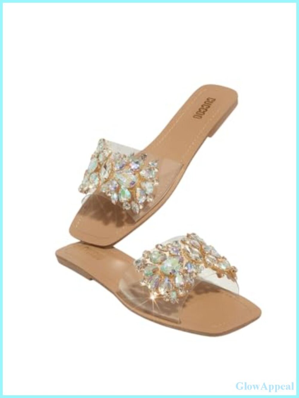 Women's Rhinestone Clear Flat Square Toe Slide Sandals Sparkle Summer